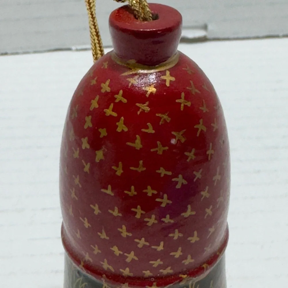 Hand Painted PapierMache Bell Ornament Red Gold Deer Woodland Scene Tassel 2.75
